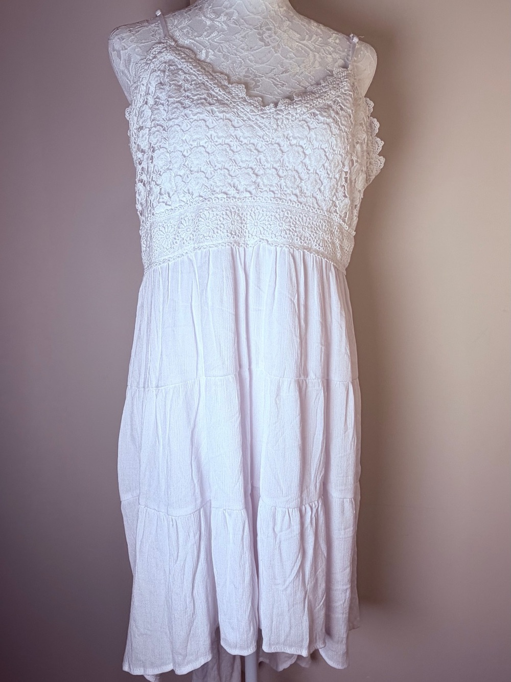 No Boundaries White Lace Tiered Midi Dress